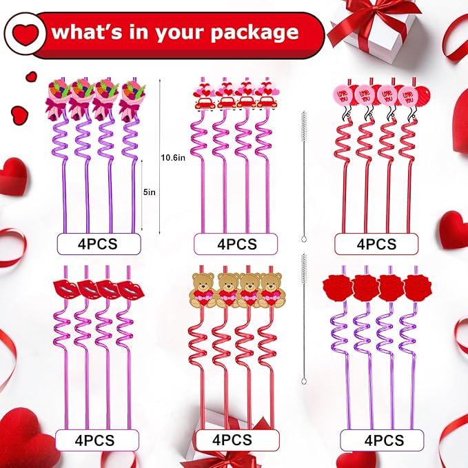 24 Valentines Reusable Party Drinking Straws Birthday Party Supplies Decorations - Image 3