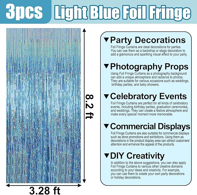 3 Pack Light Blue Foil Fringe Curtain Backdrop, 3.28Ft x 8.2Ft Metallic Tinsel - Image 2