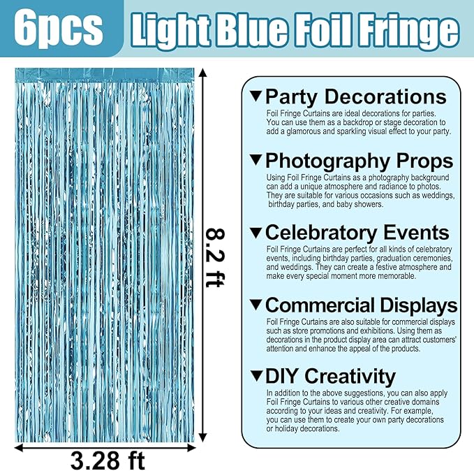 6 Pack Light Blue Foil Fringe Curtain Backdrop, 3.28Ft x 8.2Ft Metallic Tinsel - Image 2