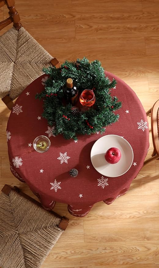 ISAENNE Designer Christmas Red Round Tablecloth, Linen Table Cloth - Image 7