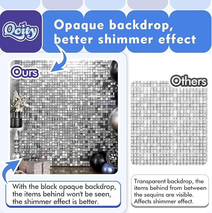 Qcity Silver Shimmer Wall Backdrop 24PCS, Square Sequin Glitter Backdrop Panel - Image 9