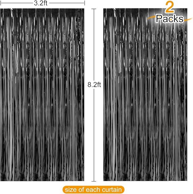 CHRORINE 2pcs 3ft x 8.3ft Black Tinsel Fringe Curtains Streamers Photo Backdrop - Image 2