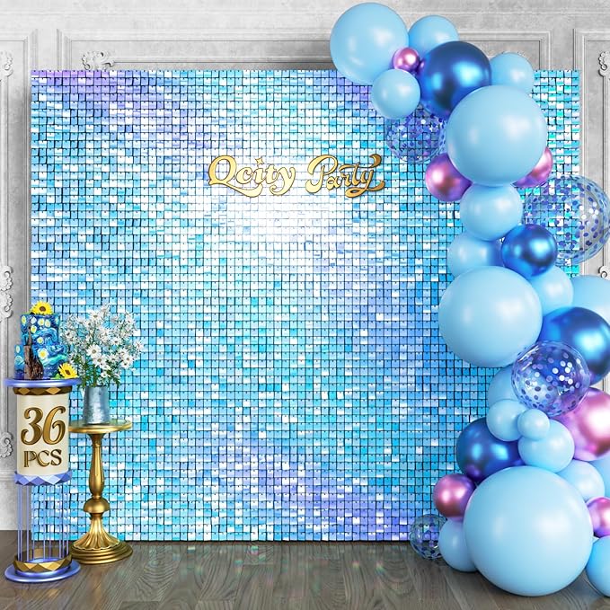Qcity Rainbow Blue Shimmer Wall Backdrop 36PCS, Square Sequin Glitter Backdrop by QCITY