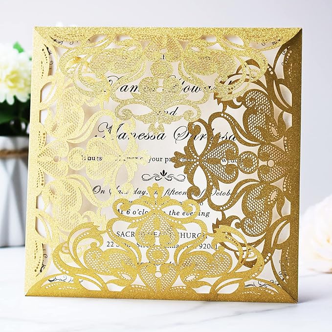 Hosmsua 6.3 x 6.3 Inch 50PCS Gold Glitter Laser Cut Wedding invitation Cards - Image 2