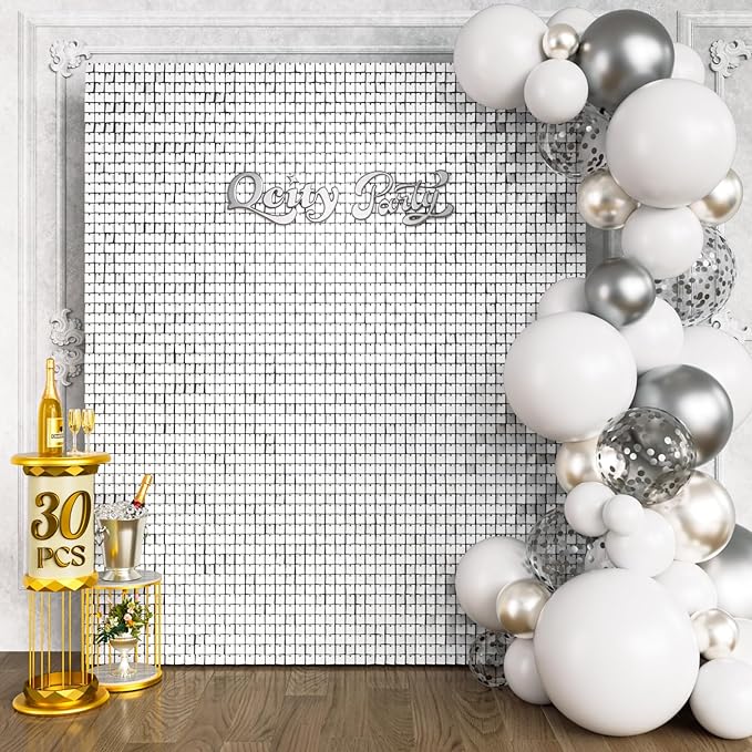 Qcity Matte White Sequin Wall Backdrop 30PCS, Square Sequin Glitter Backdrop by QCITY