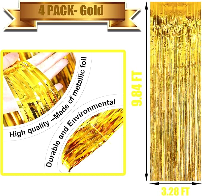 4 Pack Gold Foil Fringe Curtain Backdrop, 3.28Ft x 9.84Ft Metallic Tinsel Foil - Image 2