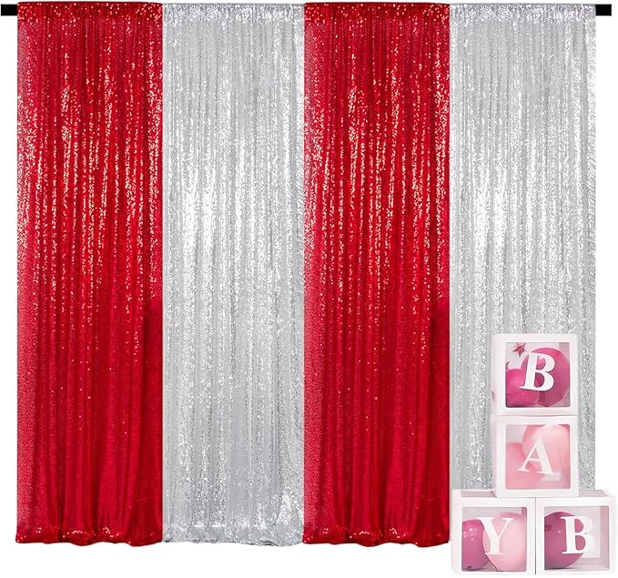 ShinyBeauty 4 Panels Sequin Photo Backdrop 2FTx8FT Red & Silver Curtains - Image 6