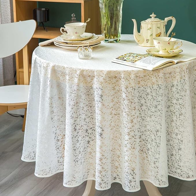 Lace Tablecloth Leaf Pattern Warp Knitting Fabric Solid White Round Table Cover - Image 8