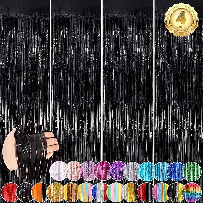 Black Fringe Curtain Party Streamers 4Pack 3.3 x 8.3 Ft Foil Fringe Backdrop by UWPVOWSR