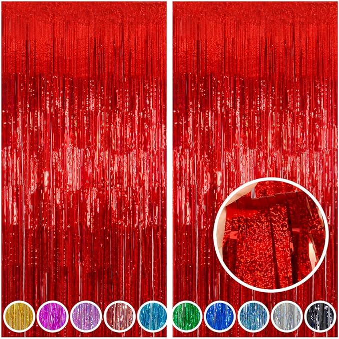 Melsan 2 Pack Red Tinsel Foil Fringe Curtains Backdrop, Sparkle Tinsel Backdrop by Melsan