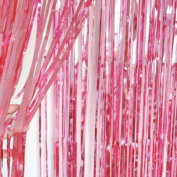 CHRORINE 2pcs 3ft x 8.3ft Pink Tinsel Foil Fringe Curtains Streamers Backdrop - Image 3