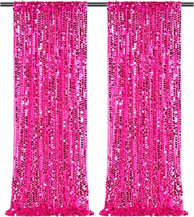 18mm Glitter Payette Backdrop 2 Panels 4ftx8ft Hot Pink Sequin Drapes Panels by Fanqisi