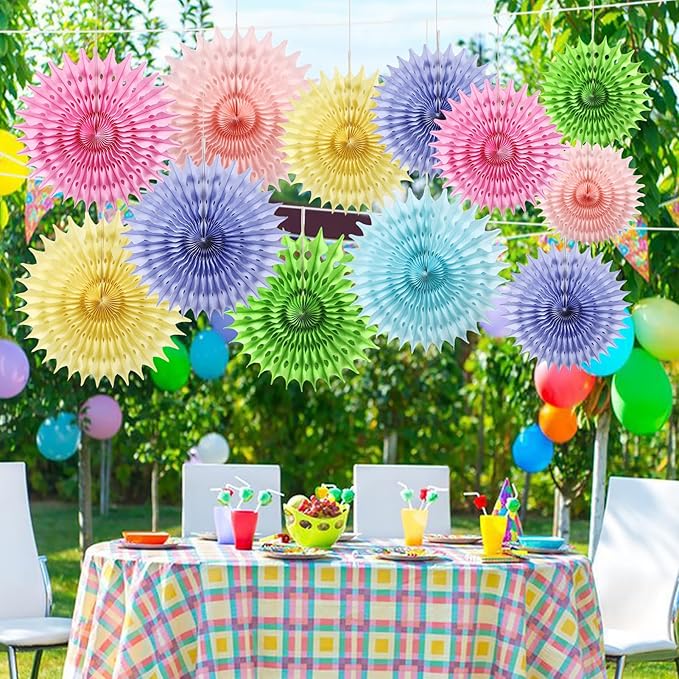 12PCS Paper Fans Pastel Rainbow Colorful Party Decorations Tissue Paper Flowers - Image 5