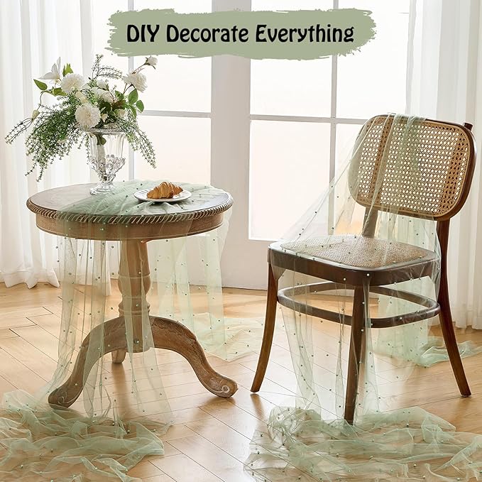 Fanami 1 Pack Pearl Table Runner -10FT Sage Green Boho Tulle Table Runners 120 - Image 8