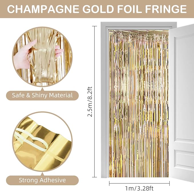Champagne Gold Fringe Curtain Party Streamers, 12 Pack 3.3ft x 8.2ft Foil - Image 3