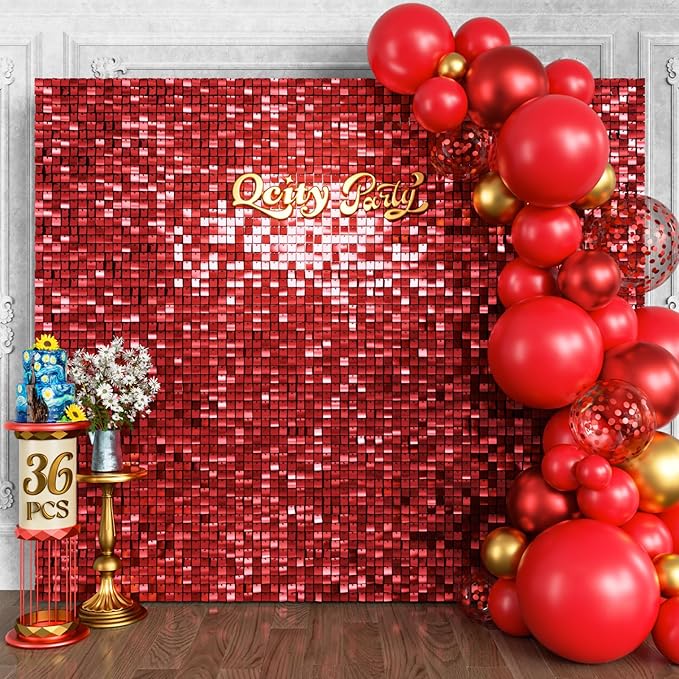 Qcity Red Shimmer Wall Backdrop 36PCS, Square Sequin Glitter Backdrop Panel by QCITY