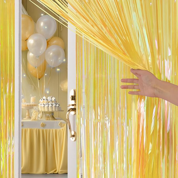 2 Pack Yellow Iridescent Streamers Backdrop, 3.3x6.6ft Foil Fringe Curtains - Image 8