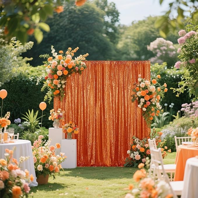 Orange Sequin Backdrop Curtain 2 Pieces 2FTx8FT Glitter Photography Backdrop - Image 3