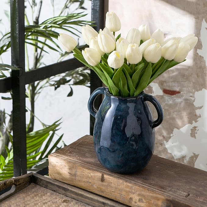 Blue Ceramic Vase with 2 Handles - Image 3