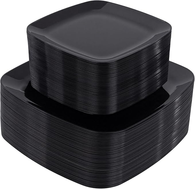 PULOTE 100 PCS Black Square Plastic Plates Disposable by PULOTEpartywareWesupplyproductsandyouenjoylife