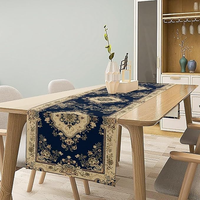 Vintage Elegant Farmhouse Table Runner Blue Beige Flower - Image 2
