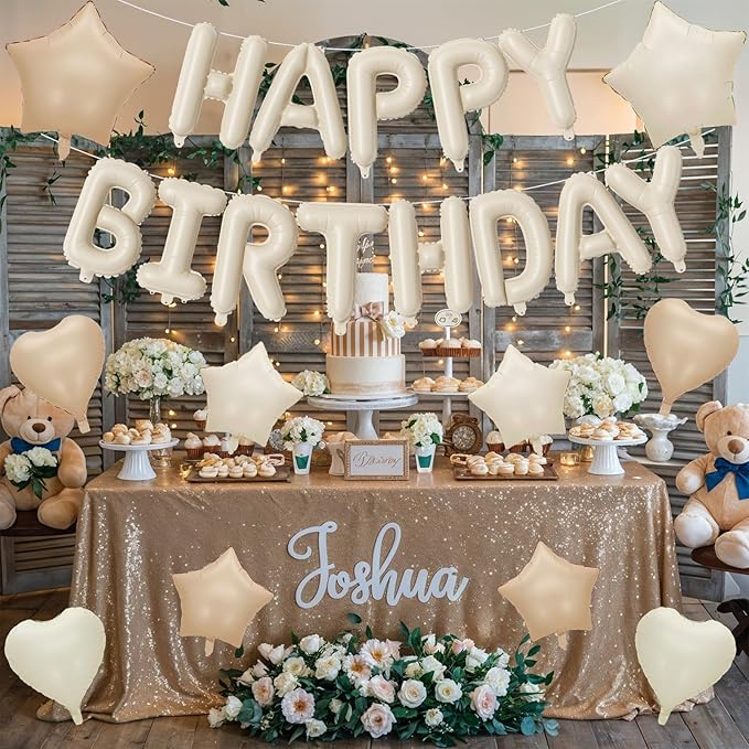 Happy Birthday Balloon Banner Cream, 16 Inch Beige Mylar Foil Letter Balloons - Image 9