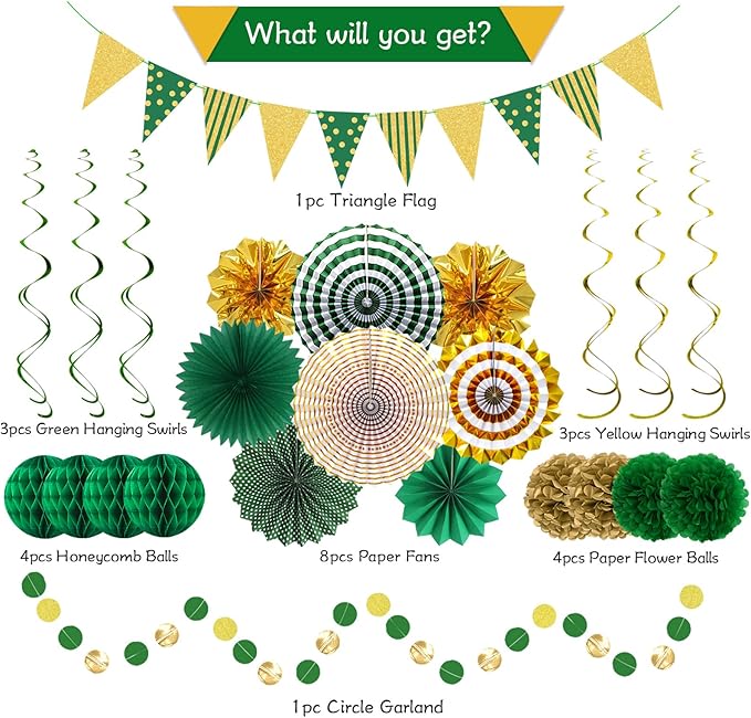 Green Gold Party Decorations Paper Fans, Graduation Season Hanging Glitter - Image 2