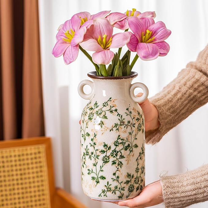 Vintage Pastoral Vase with Handles, Rustic Farmhouse Vases Chinoiserie Floral - Image 2