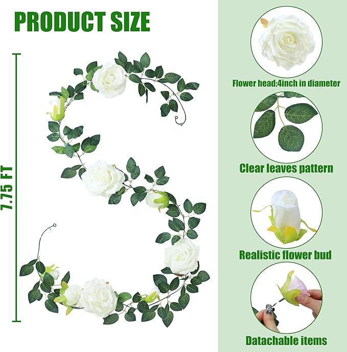Sggvecsy 2Pcs 15.5Ft Artificial Rose Vine Fake Flower Garland Floral Garland - Image 6