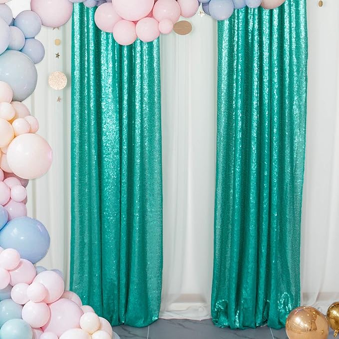 ShinyBeauty Sparkle Backdrop Curtain Teal 2 Panels Set Sequin Photo Backdrop by ShinyBeauty