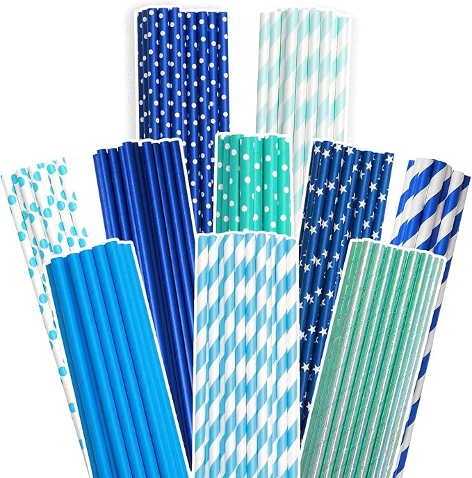 Blue Paper Straws 150pcs Disposable Bulk qiqee by Qiqee