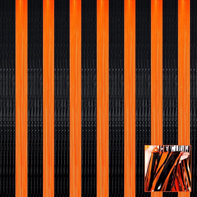 4 Pack Black Orange Foil Fringe Curtain Backdrop, 3.28Ft x 9.8Ft Metallic by Unknown