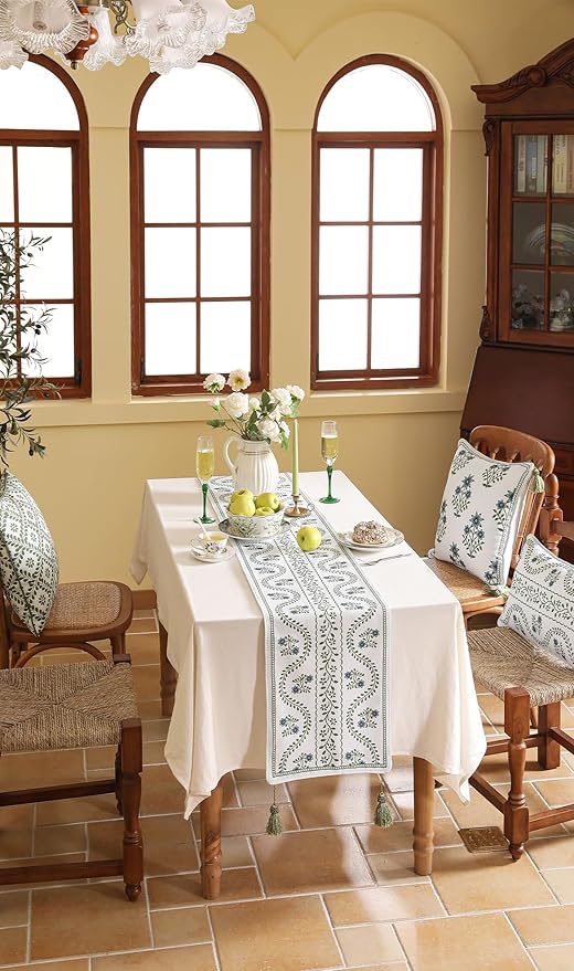 ISAENNE Designer White Elegant Linen Table Runner 87 Inches Long, Chinoiserie - Image 7
