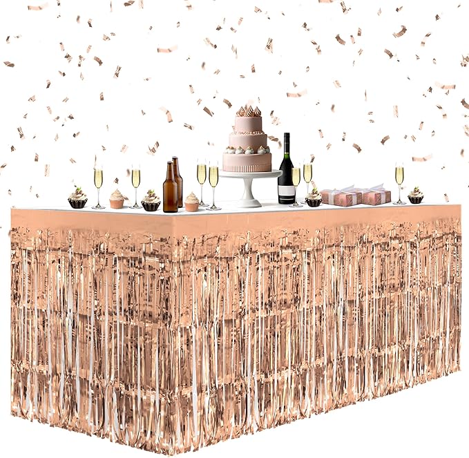 2 Pack Rose Gold Table Skirts, 29x108" Metallic Foil Tinsel Fringe Table Skirts by Unknown