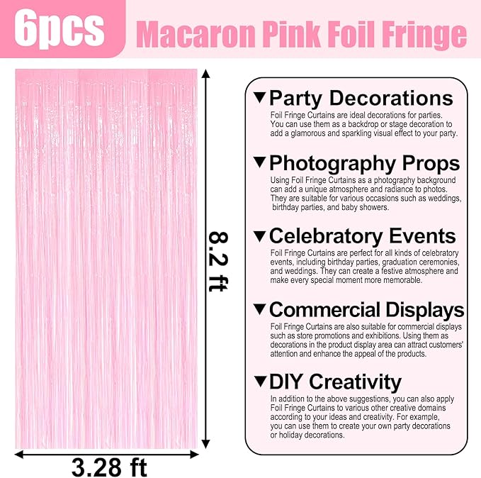 6 Pack Macaron Pink Foil Fringe Curtain Backdrop, 3.28Ft x 8.2Ft Metallic - Image 2