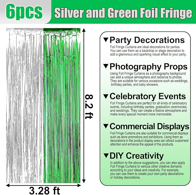 6 Pack Silver Green Foil Fringe Curtain Backdrop, 3.28Ft x 8.2Ft Metallic - Image 2