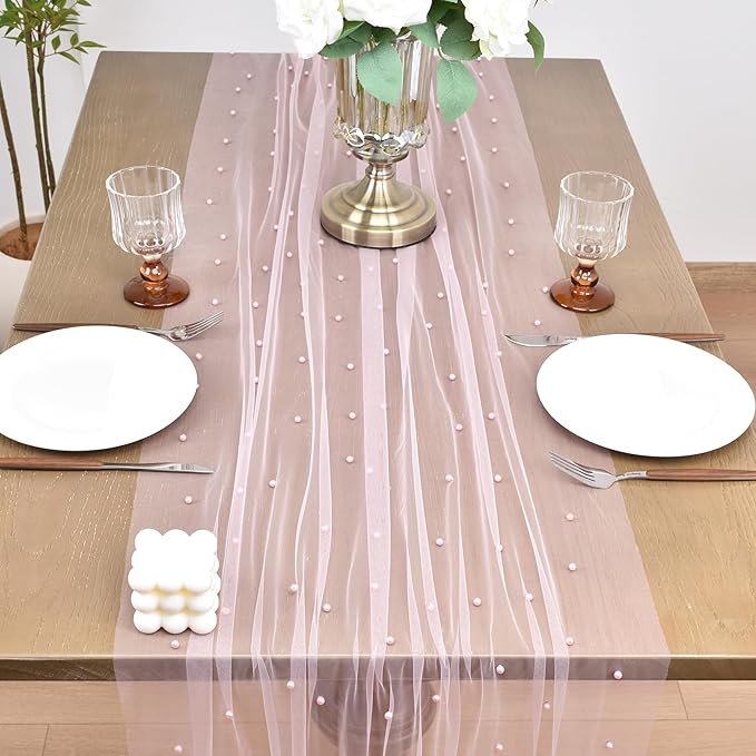Joanlody Fall Pearl Table Runner 10ft Rustic Boho Tulle Table Runner - Image 3