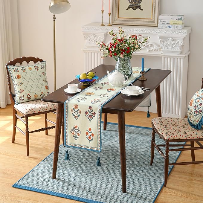 ISAENNE Designer Light Green Linen Table Runner 71 Inches Long, French Floral - Image 7