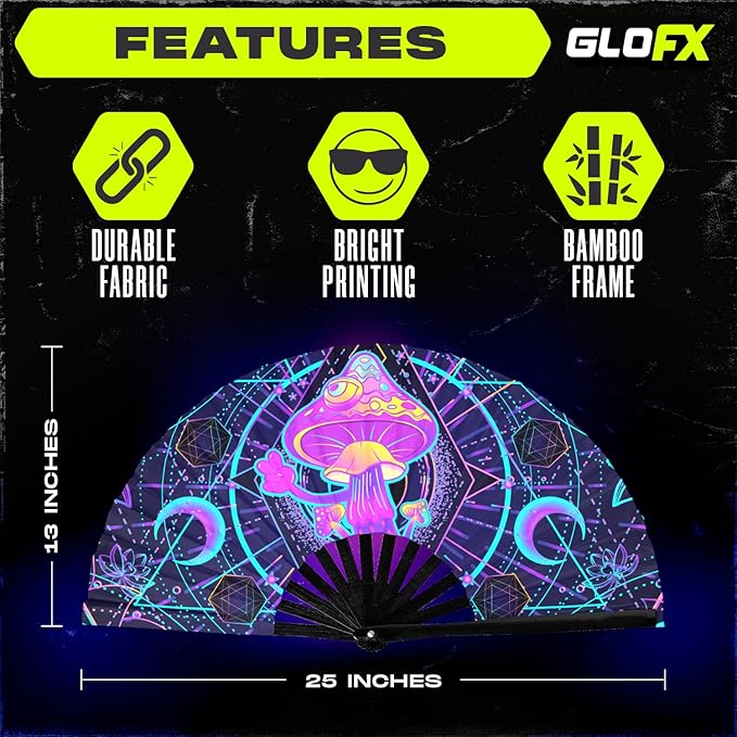 GloFX Rave Fan - UV Mushroom - Large Folding Fan - Music Festival Essential - Image 5
