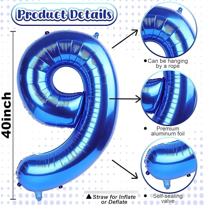 40 Inch Navy Blue Numbers 9 Balloons, Large Self Inflating Dark Blue Digital 9 - Image 2