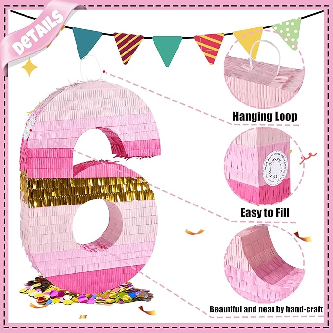 PCFING 20 Inch Number 6 Piñata Pink Gold - Image 3