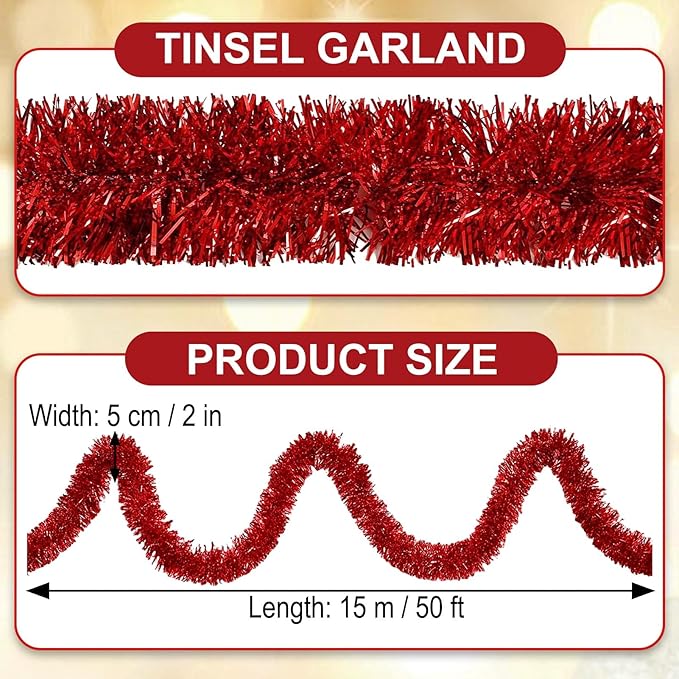 50 Feet Red Christmas Tinsel Garland, Metallic Foil Twist Garland Wall Hanging - Image 2