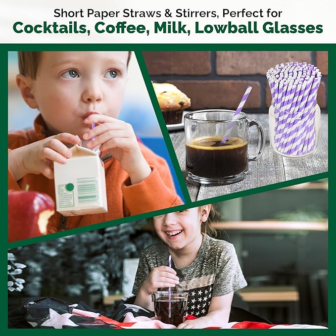 Small Purple Paper Cocktail Straws, 5.75 inch, Disposable Short Sipping & - Image 4