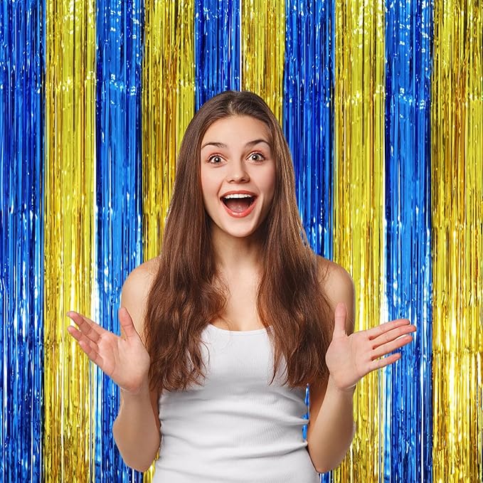 2 Pack Blue Gold Foil Fringe Backdrop Curtains, Graduation Tinsel Streamers - Image 6