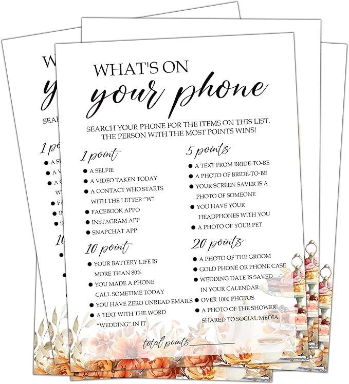 Fall Bridal Shower Games Cards, What's On Your Phone Wedding Bachelorette Party by Unknown