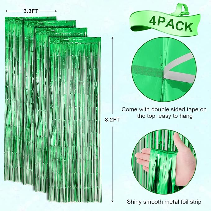 4 Pack Green Foil Fringe Backdrop Curtains, Tinsel Streamers Birthday Party - Image 3