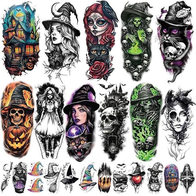 77 Sheets Witch Temporary Tattoos Women Men Adults, Skeleton Death Skull by Yazhiji