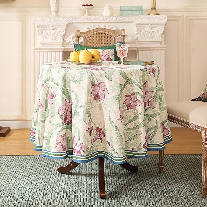 patdrea Designer Linen Small Green Roun Tablecloth, Violets Pattern Vintage - Image 8