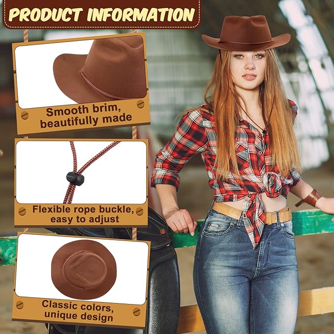 Mepase 24 Pieces Disposable Plastic Western Cowboy Hat Set Felt Wide Brimmed - Image 3