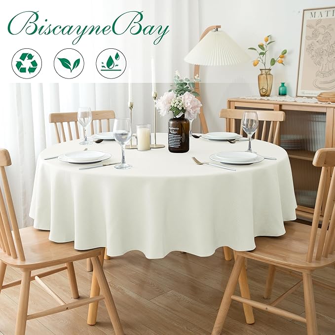 Biscaynebay Textured Fabric Round Tablecloths 70", Ivory Water Resistant Table - Image 2